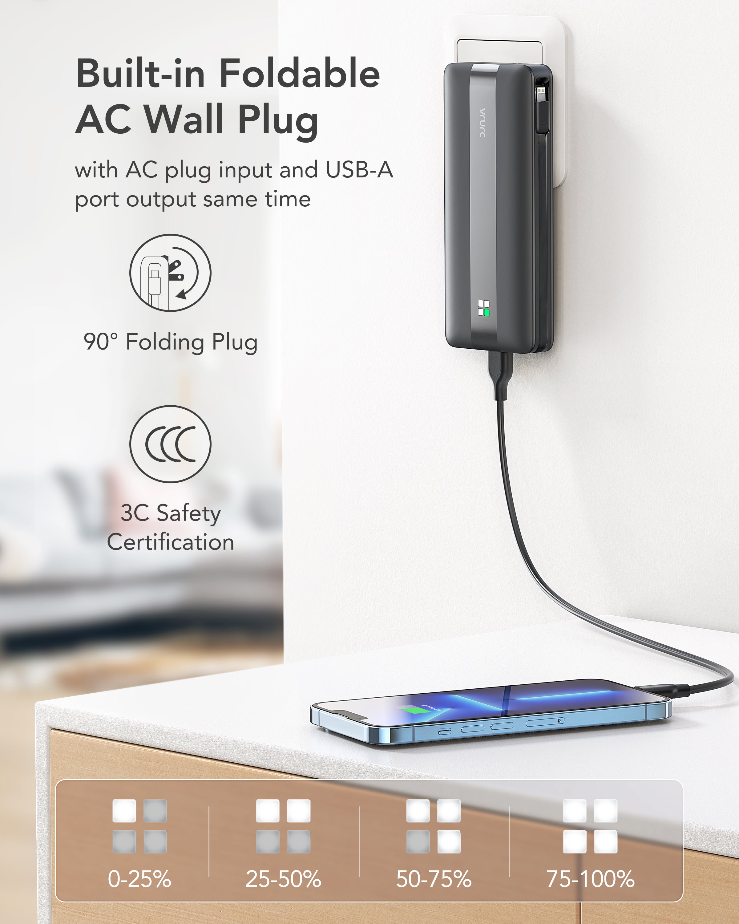 22.5W Built-in Cables Power Bank with AC Wall Plug