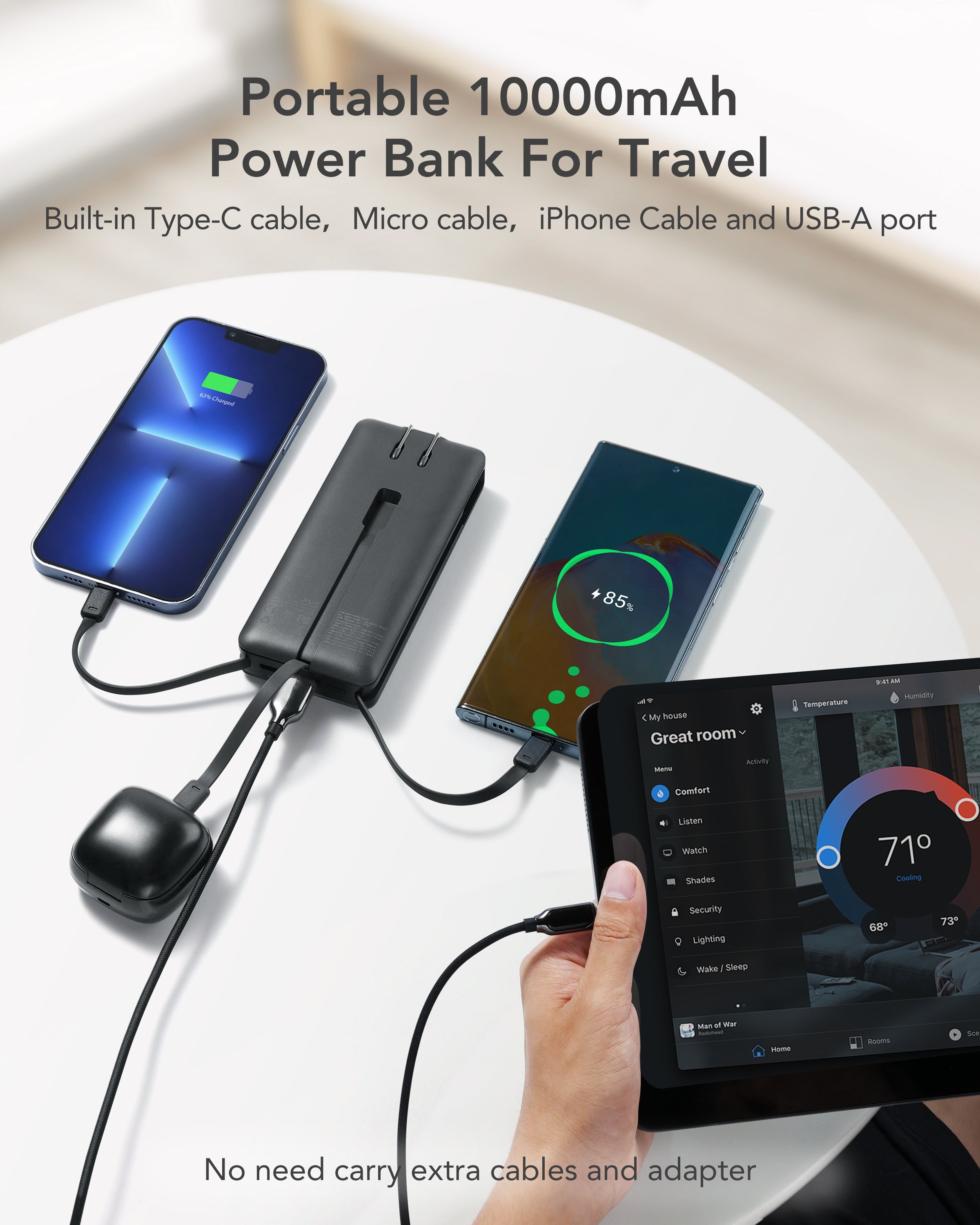 22.5W Built-in Cables Power Bank with AC Wall Plug