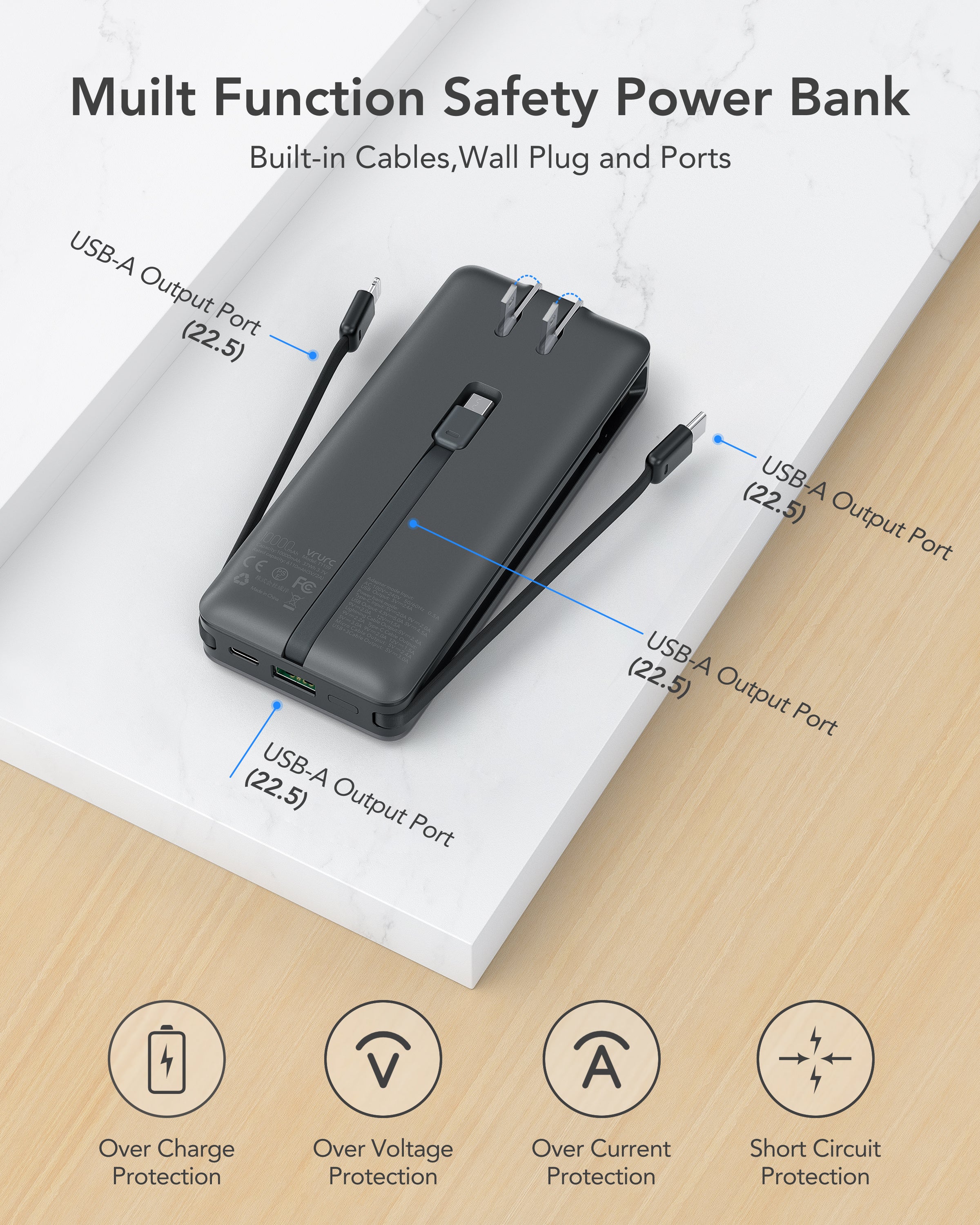 22.5W Built-in Cables Power Bank with AC Wall Plug