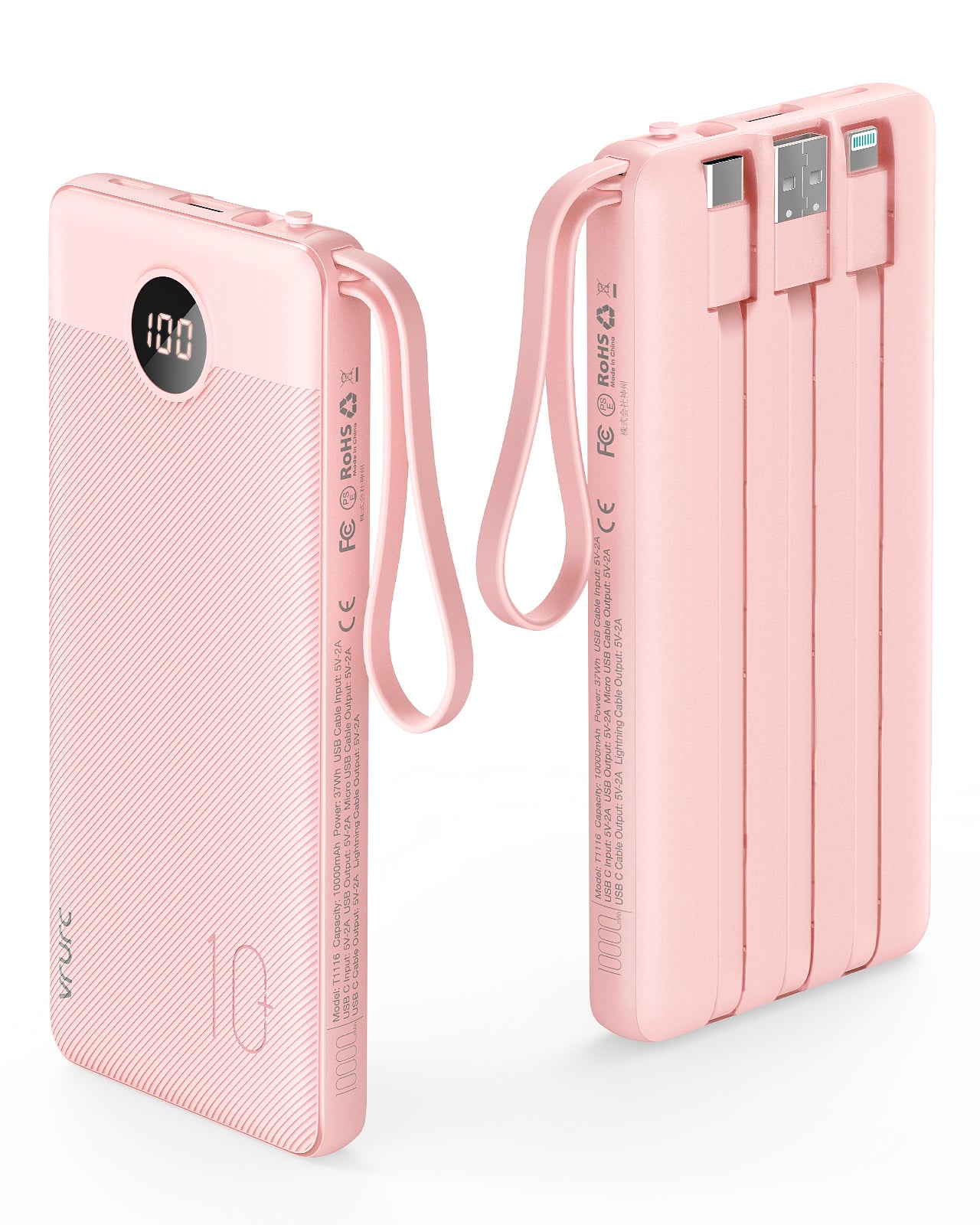 VRURC T1116 Built in Cables Ultra Slim 10000mAh Power Bank - Pink